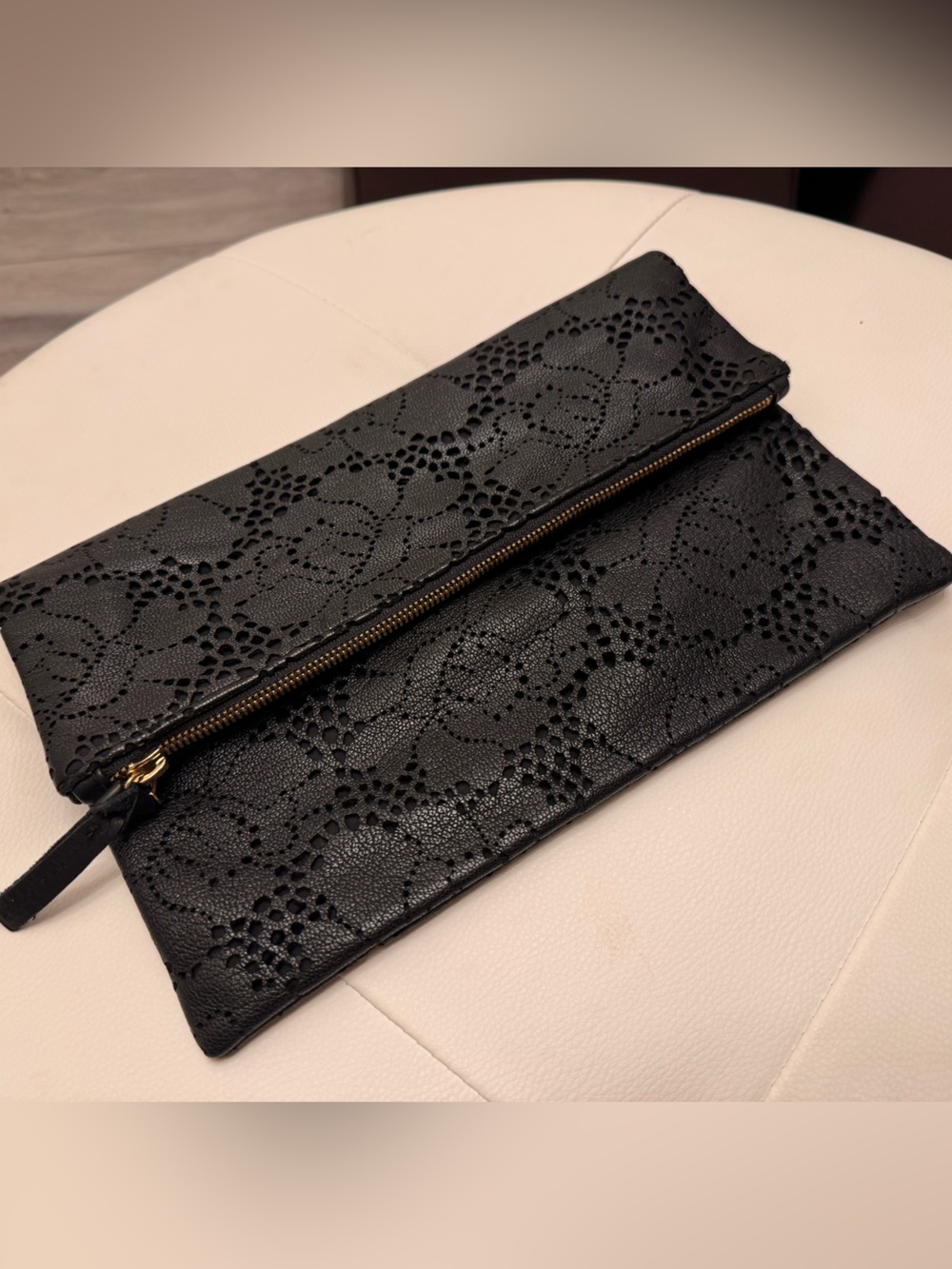 Clare V Black Rose Laser Cut Leather Foldover Clutch Pouch Made in USA